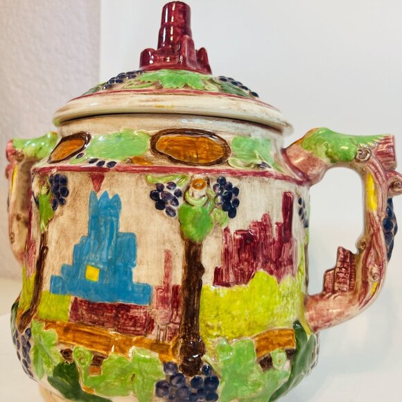 Vtg German Hand-Painted Ceramic Punch bowl SoupTureen Lid Castle Grapes Rhine - Picture 2 of 8